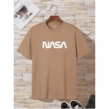 Beeton Nasa T-Shirt - Bej Baskılı Oversize Bisiklet Yaka Kısa Kol Tişört