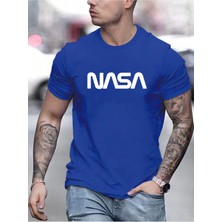 Beeton Nasa T-Shirt - Sax Mavi Baskılı Oversize Bisiklet Yaka Kısa Kol Tişört