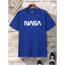 Beeton Nasa T-Shirt Sax Mavi Baskılı Oversize Bisiklet Yaka Kısa Kol