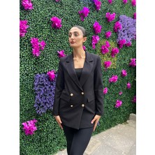 Lavessa Gold Düğmeli Astarlı Blazer Ceket-Siyah Renk