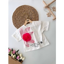 Miniğimin Cicileri Tül Gül Desenli 3D Pamuklu Kız Çocuk Tşört - Beyaz