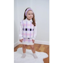 Meriç Bebe Ekoseli Saç Bandlı Etekli Yanları Açık ve Bağlama Detay Süveterli Kız Çocuk 3lü Triko Takım