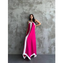 Hazelin Kadın Pembe Beyaz Detaylı Asimetrik Kesim V Yaka Ayarlanabilir Ip Askılı Elbise Hzl24S-Mj113041