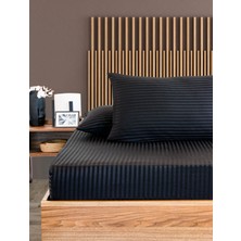 Vavey Çizgili Pamuk Saten 160X200 30 Lastikli Yatak Çarşafı ve 2 Adet Yastık Kılıfı 50X70 Çift Kişilik Siyah