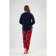 Vienetta Kadın Polar Lacivert Yuvarlak Yaka Uzun Kollu Düşük Omuz Manşetli Desenli Pijama Takımı