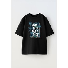 Youwinner Unisex Summer Para Dıse Tasarım Baskılı Pamuk Sıyah Oversize T-Shirt