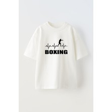 Youwinner Unisex Boxing Tasarım Baskılı Pamuk Beyaz Oversize T-Shirt