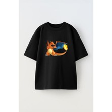 Youwinner Unisex Charizard Tasarım Baskılı Pamuk Sıyah Oversize T-Shirt