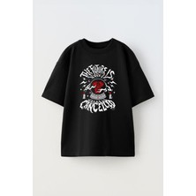Youwinner Unisex The Future Tasarım Baskılı Pamuk Sıyah Oversize T-Shirt