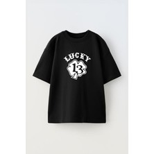 Youwinner Unisex Lucky Tasarım Baskılı Pamuk Sıyah Oversize T-Shirt