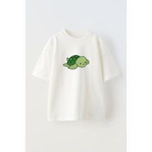 Youwinner Unisex Cute Green Turtle Tasarım Baskılı Pamuk Beyaz Oversize T-Shirt
