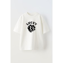 Youwinner Unisex Lucky Tasarım Baskılı Pamuk Beyaz Oversize T-Shirt