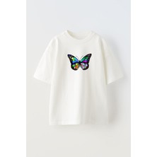 Youwinner Unisex Renkli Kelebek Tasarım Baskılı Pamuk Beyaz Oversize T-Shirt