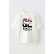 Youwinner Unisex Mıamı City Tasarım Baskılı Pamuk Beyaz Oversize T-Shirt