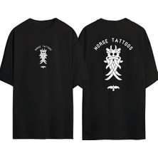 Youwinner Unisex Norse Tattoos Tasarım Baskılı Pamuk Sıyah Oversize T-Shirt