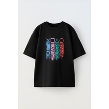 Youwinner Unisex Ye Oyna Uyu Tekrarla Tasarım Baskılı Pamuk Sıyah Oversize T-Shirt