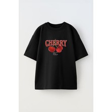 Youwinner Unisex Cherry Tasarım Baskılı Pamuk Sıyah Oversize T-Shirt