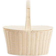 Perotti Sentetik Hasır Krem Oval Kapaklı Piknik Sepeti 42X30X20CM