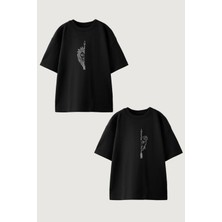 Youwinner Kadın Erkek Unisex Aslan Sevgili Çift Kombini Oversize Siyah Tshirt 2'li Takım