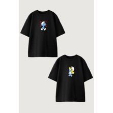 Youwinner Kadın Erkek Unisex Sevgili Sirinler Sevgili Çift Kombini Oversize Siyah Tshirt 2'li Takım