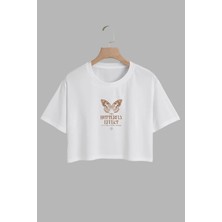 Youwinner Kadın Butterfly Effect Tasarım Baskılı Pamuk Beyaz Oversize Crop