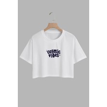 Youwinner Kadın Cosmic Vibes Tasarım Baskılı Pamuk Beyaz Oversize Crop