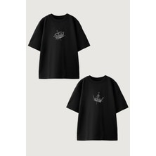Youwinner Kadın Erkek Unisex Kral Kralice Sevgili Çift Kombini Oversize Siyah Tshirt 2'li Takım