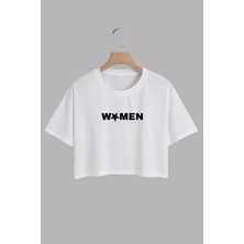 Youwinner Kadın Women Tasarım Baskılı Pamuk Beyaz Oversize Crop