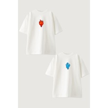 Youwinner Kadın Erkek Unisex Ateş ve Su Sevgili Çift Kombini Oversize Beyaz Tshirt 2'li Takım