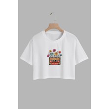 Youwinner Kadın Cicekli Kaset Tasarım Baskılı Pamuk Beyaz Oversize Crop