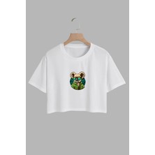 Youwinner Kadın Cool Koala Tasarım Baskılı Pamuk Beyaz Oversize Crop