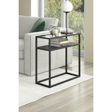 Tolia Home Metal İskeletli Siyah Renk Şeffaf Temper Camlı 2 Katlı Yan Sehpa Koltuk Sehpası