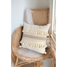 Doryan Home Romance Keten Püsküllü Saçaklı Detay Krem Kare Dekoratif Kırlent Kılıfı 45x45