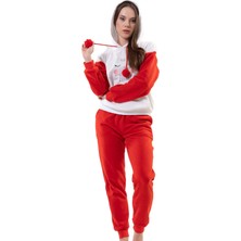 Vienetta Kadın Polar Kırmızı Beyaz Kapüşonlu Ponponlu Desenli Manşetli Uzun Kollu Pijama Takımı