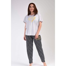 New Pajamas Kadın Gri  Kısa Kollu Kalp Desenli Bisiklet Yaka Oval Etek Süprem Pijama Takımı