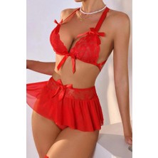 Motto10butik Fantazi Kırmızı Dantelli Fiyonklu Seksi Babydol  BC9240