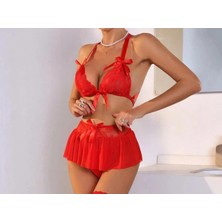 Motto10butik Fantazi Kırmızı Dantelli Fiyonklu Seksi Babydol  BC9240