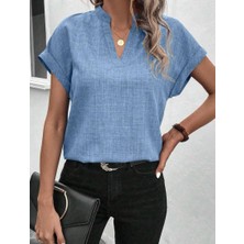 Rengamoda Kadın V Yaka Sofya Keten Kumaş Tişört (Renkli)