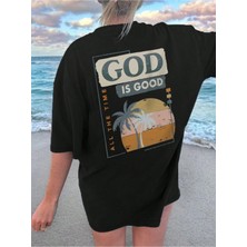 Beeton God Is Good T-Shirt Siyah Baskılı Oversize Bisiklet Yaka Kısa Kol