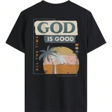 Beeton God Is Good T-Shirt Siyah Baskılı Oversize Bisiklet Yaka Kısa Kol