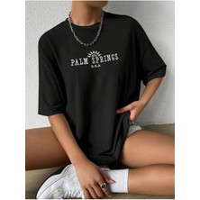 Beeton Palm Springs T-Shirt Siyah Baskılı Oversize Bisiklet Yaka Kısa Kol