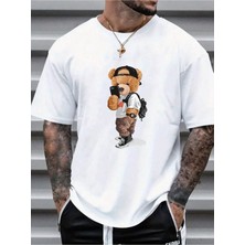 Beeton Cool Bear T-Shirt Beyaz Baskılı Oversize Bisiklet Yaka Kısa Kol