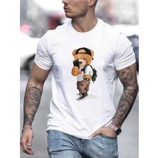 Beeton Cool Bear T-Shirt Beyaz Baskılı Oversize Bisiklet Yaka Kısa Kol