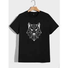 Beeton Geometrik Kurt Desen T-Shirt Siyah Baskılı Oversize Bisiklet Yaka Kısa Kol