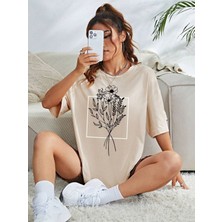 Beeton Çiçekli Desenler T-Shirt Bej Baskılı Oversize Bisiklet Yaka Kısa Kol