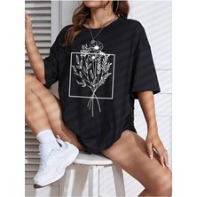 Beeton Çiçekli Desenler T-Shirt Siyah Baskılı Oversize Bisiklet Yaka Kısa Kol