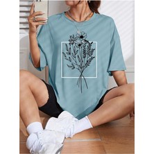 Beeton Çiçekli Desenler T-Shirt Bebe Mavisi Baskılı Oversize Bisiklet Yaka Kısa Kol