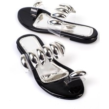 Shoetek Saldinya Kadın Terlik Bantlı Parmak Arası Taşlı Şeffaf Siyah Rugan