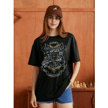 Stıl X Harry Potter Hogwarts Baskılı Bisiklet Yaka %100 Pamuklu Oversıze T-Shirt