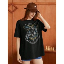 Stıl X Harry Potter Hogwarts Baskılı Bisiklet Yaka %100 Pamuklu Oversıze T-Shirt